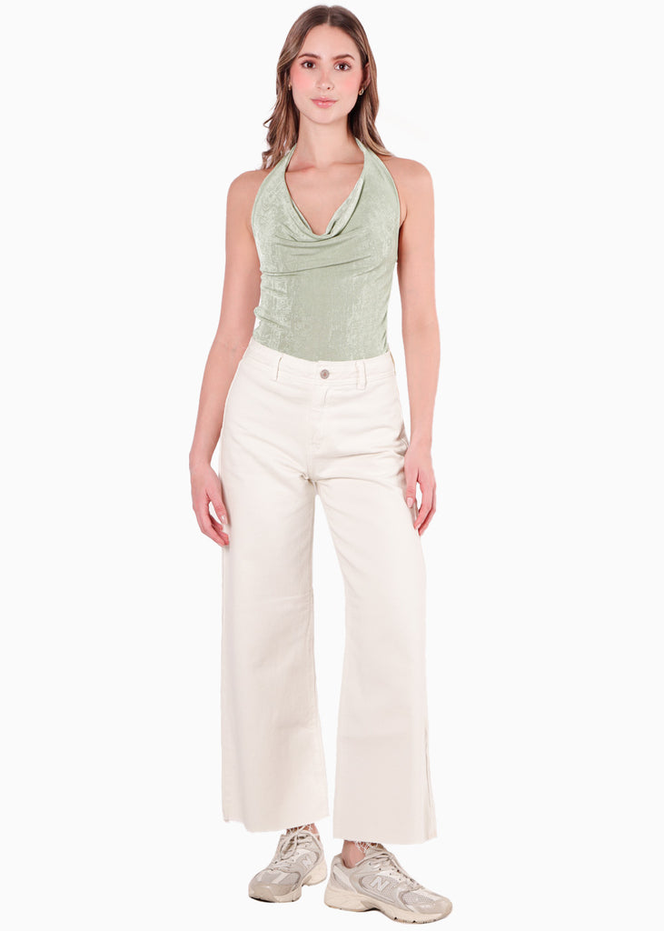 Blusa con drapeado en escote tipo halter color verde para mujer - Flashy