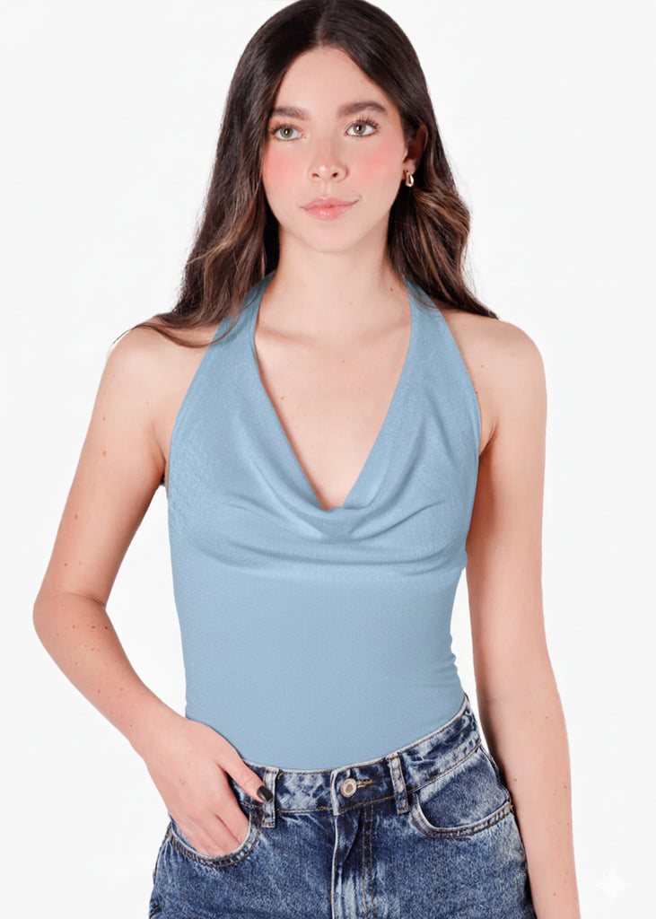 Blusa con drapeado en escote tipo halter - DENVER.AZUL