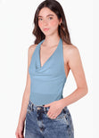 Blusa con drapeado en escote tipo halter - DENVER.AZUL