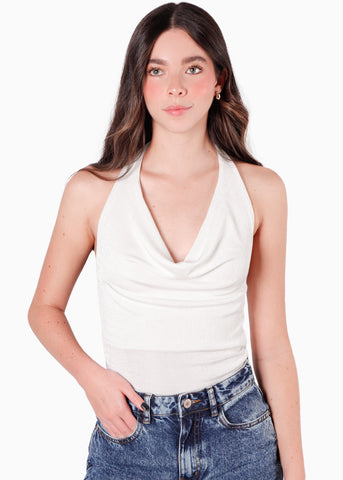 Blusa con drapeado en escote tipo halter color blanco, marfil para mujer - Flashy
