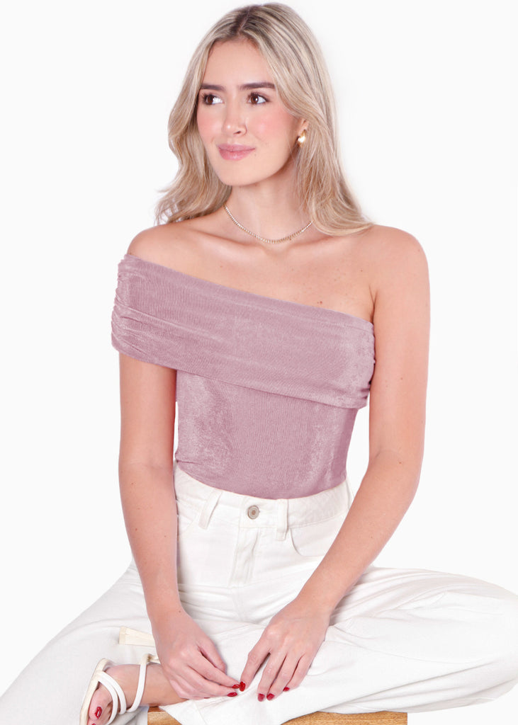 Blusa con escote off shoulder y de un solo hombro color rosado para mujer - Flashy