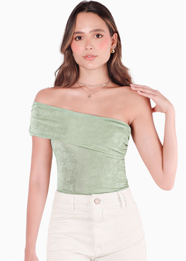 Blusa con escote off shoulder y de un solo hombro color verde para mujer - Flashy
