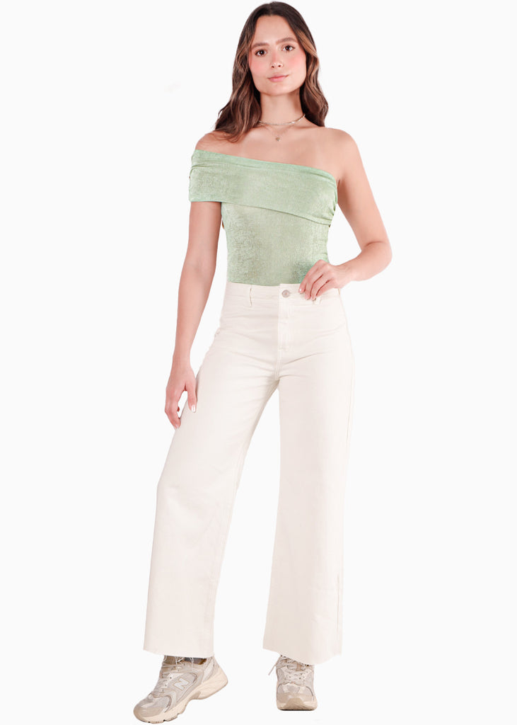 Blusa con escote off shoulder y de un solo hombro color verde para mujer - Flashy