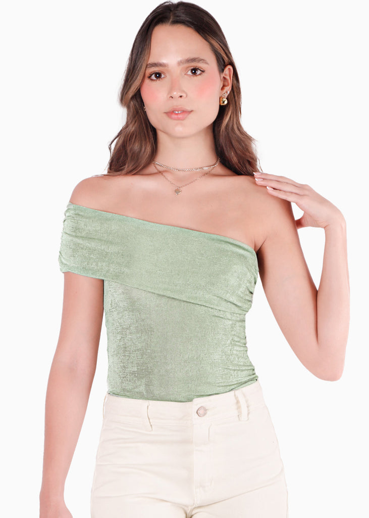 Blusa con escote off shoulder y de un solo hombro color verde para mujer - Flashy