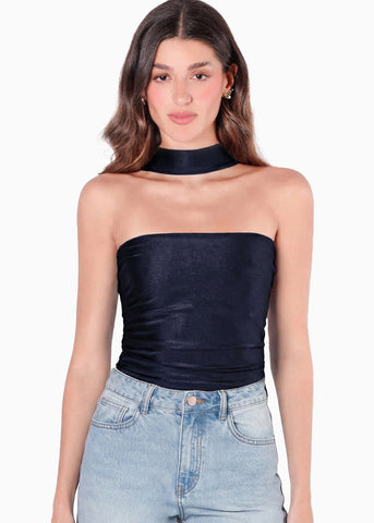 Blusa con leve recogido en costados y cuello tipo gargantilla - GRISELDA.AZUL