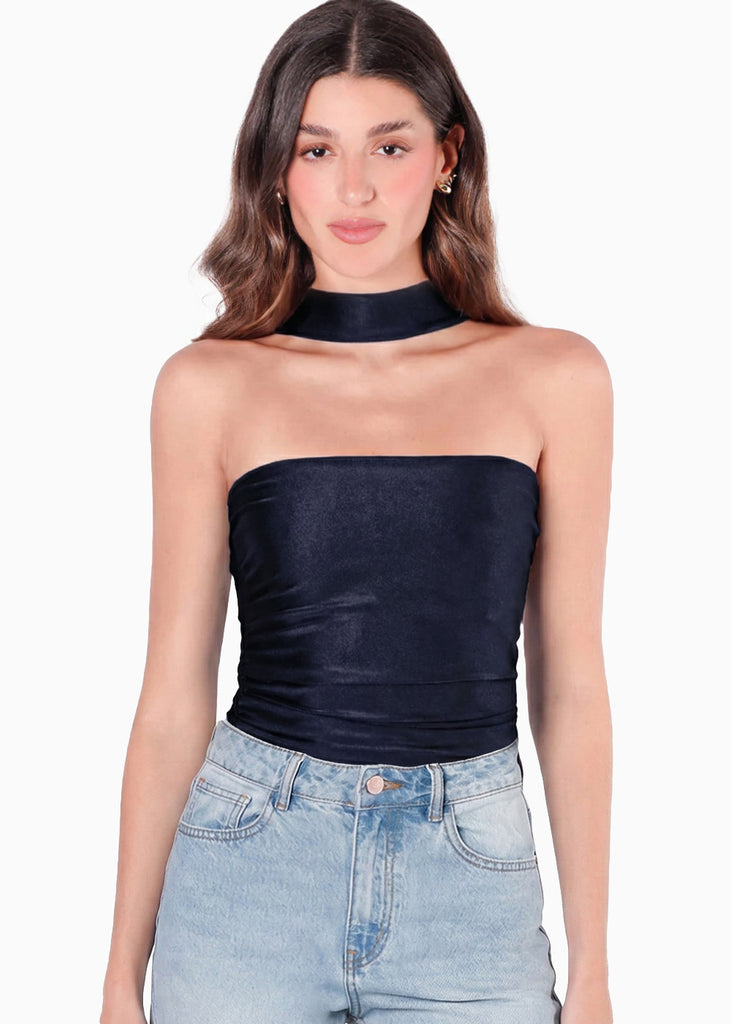 Blusa con leve recogido en costados y cuello tipo gargantilla - GRISELDA.AZUL