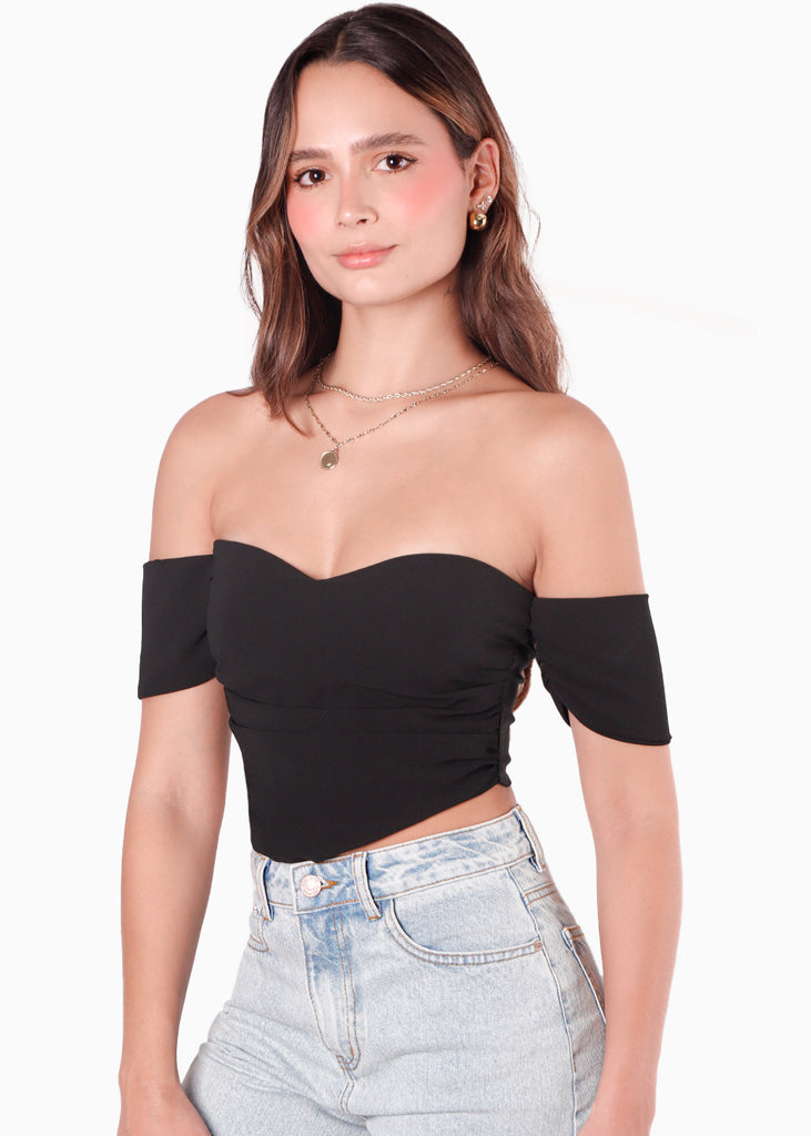 Blusa corta con escote offshoulder de manga corta y tipo corset color negro para mujer - Flashy