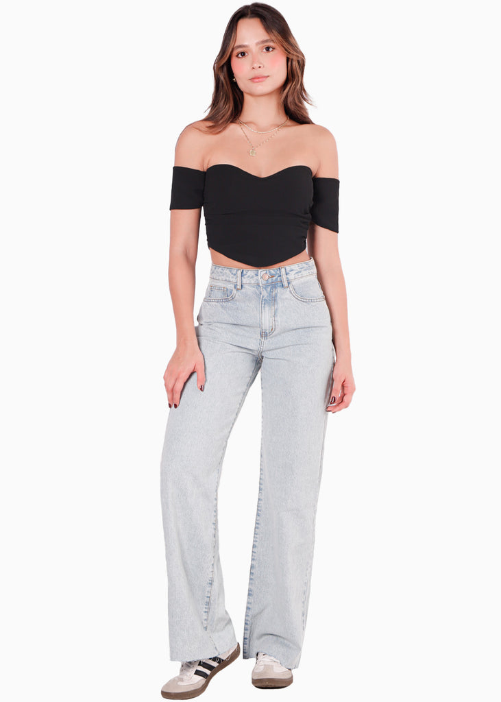 Blusa corta con escote offshoulder de manga corta y tipo corset color negro para mujer - Flashy