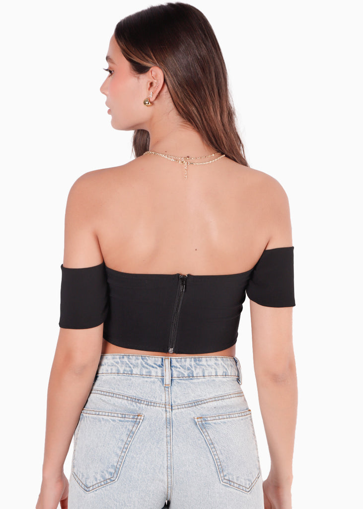 Blusa corta con escote offshoulder de manga corta y tipo corset color negro para mujer - Flashy
