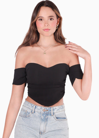 Blusa corta con escote offshoulder de manga corta y tipo corset color negro para mujer - Flashy