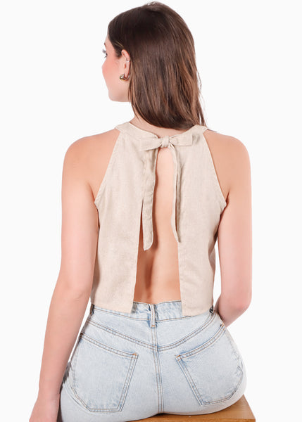 Blusa corta cuello halter con anudado y abertura en espalda color beige para mujer - Flashy