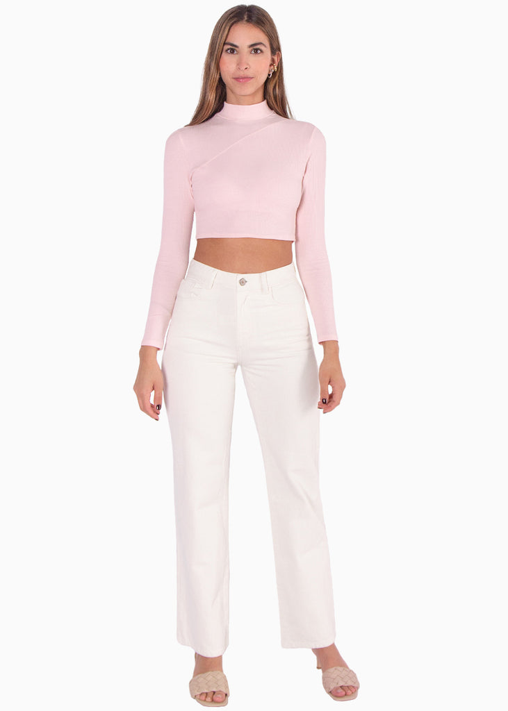 Blusa corta de cuello alto y manga larga color rosado para mujer - Flashy