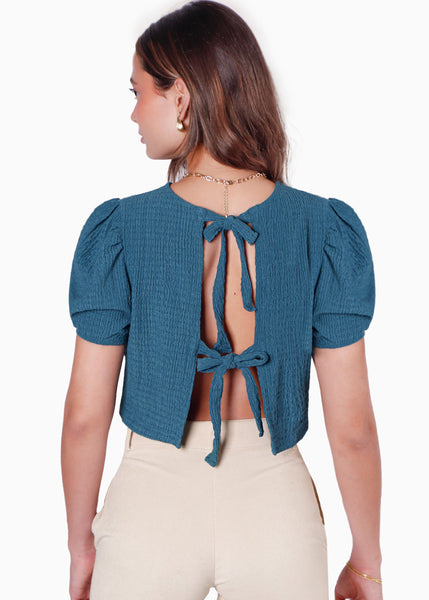 Blusa corta de manga corta con anudados en espalda color azul para mujer - Flashy