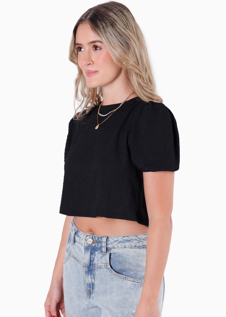 Blusa corta de manga corta con anudados en espalda color negro para mujer - Flashy