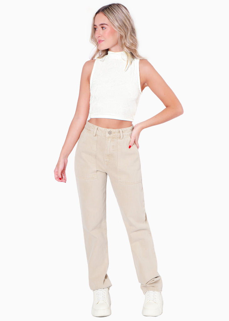 Blusa corta de tela suave y con cuello halter color blanco, marfil para mujer - Flashy