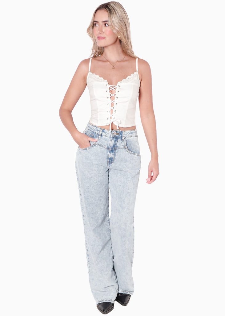 Blusa corta de tiras con ojaletes color blanco, marfil para mujer - Flashy