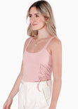 Blusa corta de tiras tipo corset con anudados en costados color rosado para mujer - Flashy