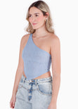 Blusa corta de un solo hombro con espalda descubierta y anudado color azul para mujer - Flashy