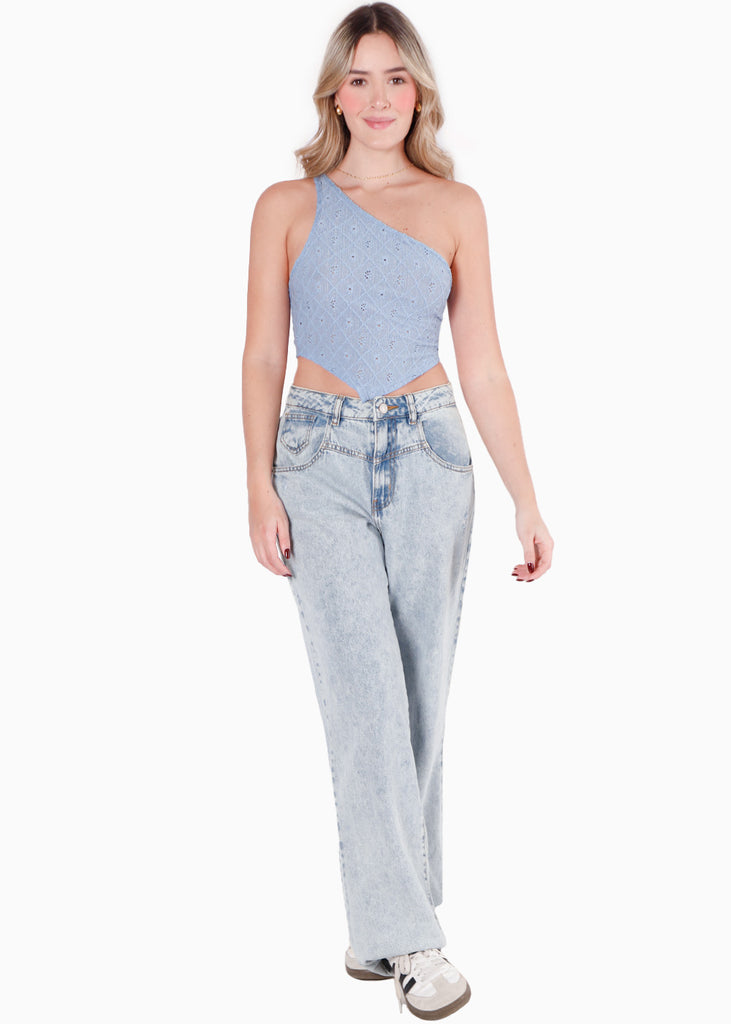 Blusa corta de un solo hombro con espalda descubierta y anudado color azul para mujer - Flashy