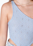 Blusa corta de un solo hombro con espalda descubierta y anudado color azul para mujer - Flashy