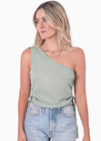 Blusa corta de un solo hombro con recogidos color verde para mujer - Flashy