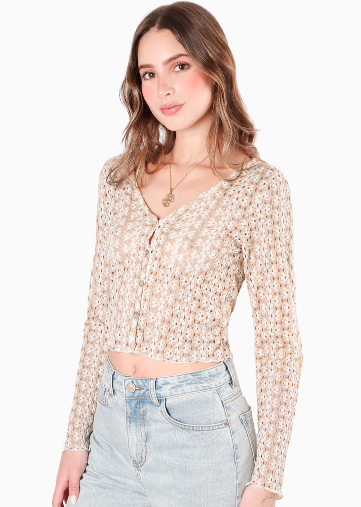Blusa corta manga larga con botones color beige para mujer - Flashy
