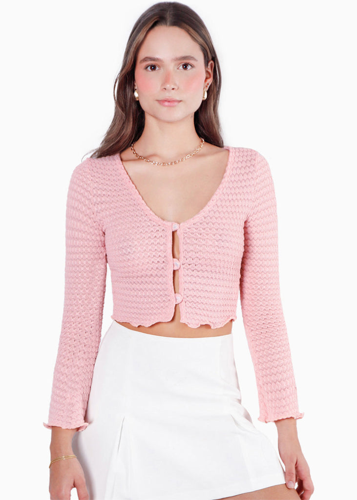 Blusa corta manga larga con botones color rosado para mujer - Flashy