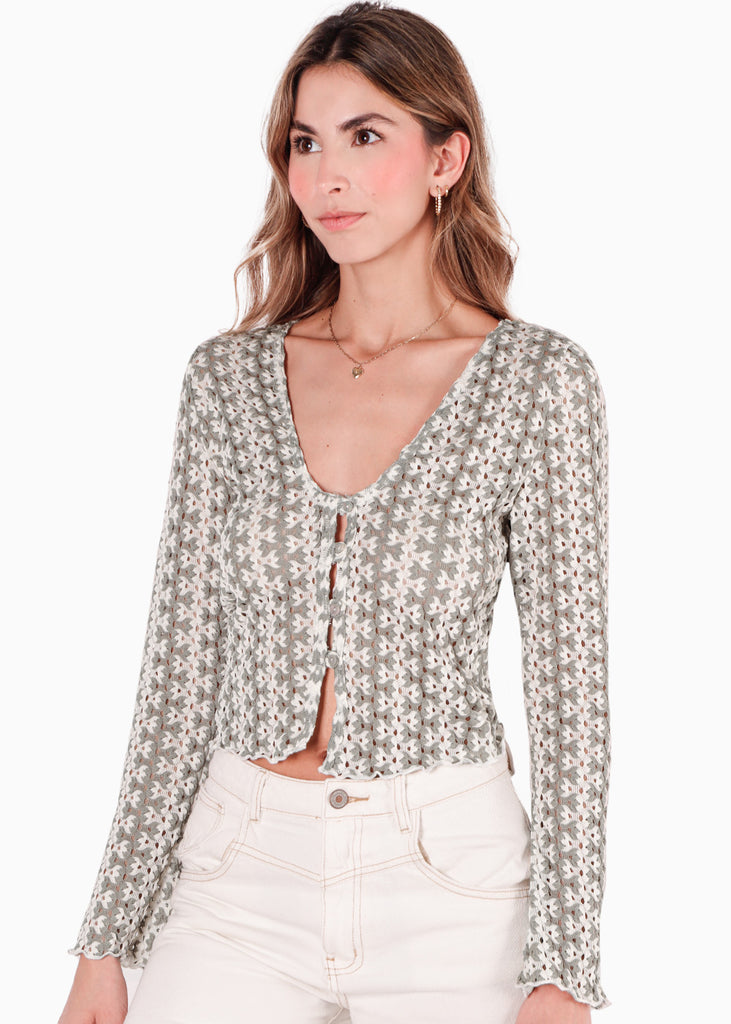 Blusa corta manga larga con botones color verde para mujer - Flashy