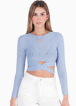 Blusa corta manga larga con cruce en cintura color azul para mujer - Flashy