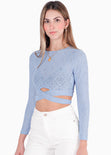 Blusa corta manga larga con cruce en cintura color azul para mujer - Flashy