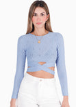 Blusa corta manga larga con cruce en cintura color azul para mujer - Flashy
