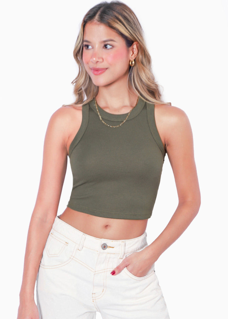 Blusa corta sin mangas con cuello halter color verde para mujer - Flashy