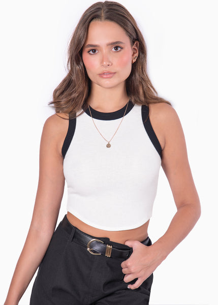 Blusa corta sin mangas con cuello halter y sesgos en contraste color blanco, marfil para mujer - Flashy