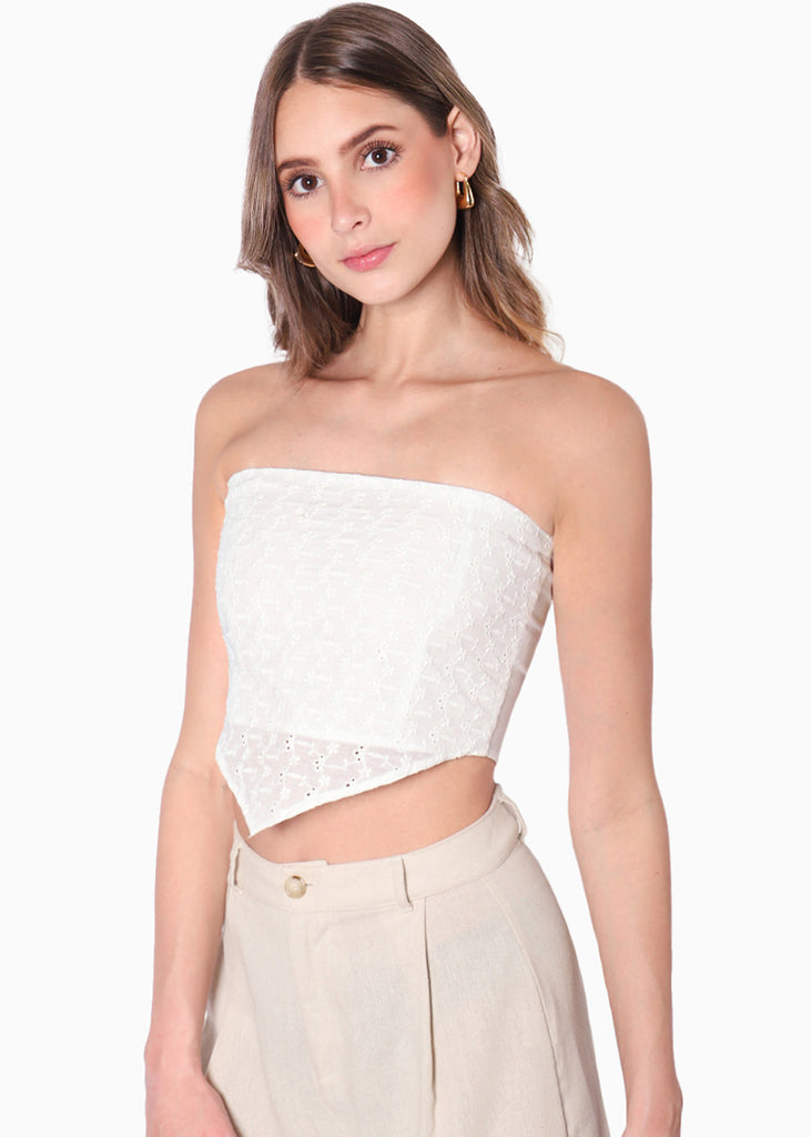 Blusa corta strapless de ojalillo color blanco, marfil para mujer - Flashy