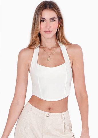Blusa corta tipo corset con cuello halter color blanco, marfil para mujer - Flashy