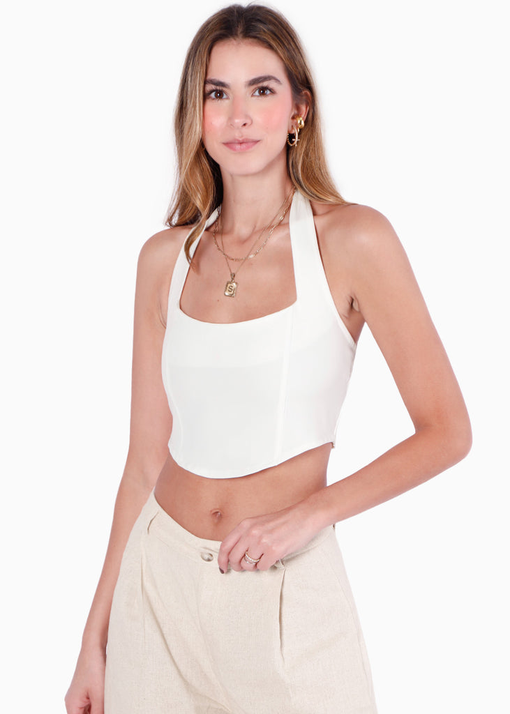 Blusa corta tipo corset con cuello halter color blanco, marfil para mujer - Flashy