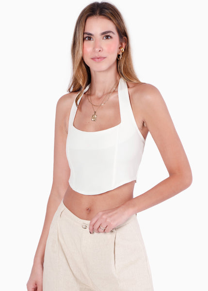 Blusa corta tipo corset con cuello halter color blanco, marfil para mujer - Flashy
