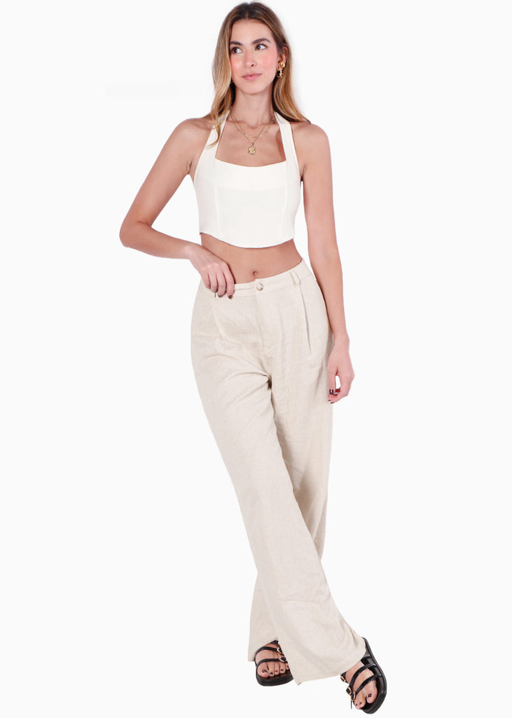 Blusa corta tipo corset con cuello halter color blanco, marfil para mujer - Flashy