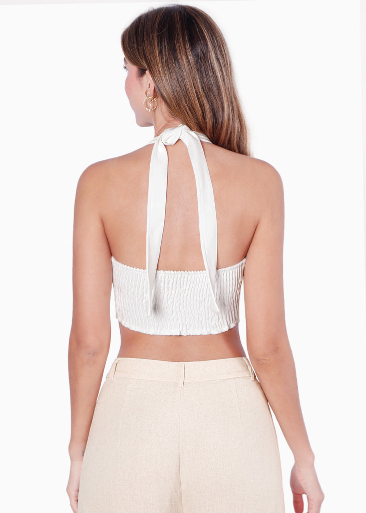 Blusa corta tipo corset con cuello halter color blanco, marfil para mujer - Flashy