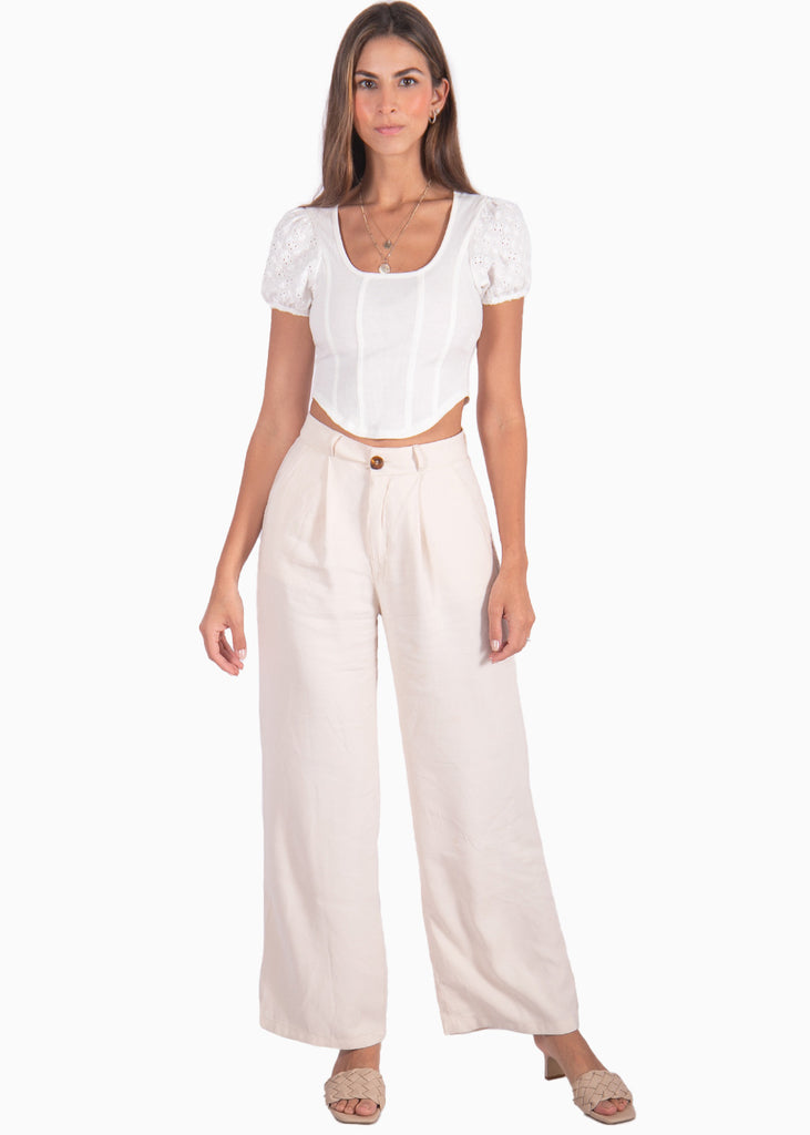Blusa corta tipo corset con escote cuadrado y mangas en ojalillo color blanco, marfil para mujer - Flashy