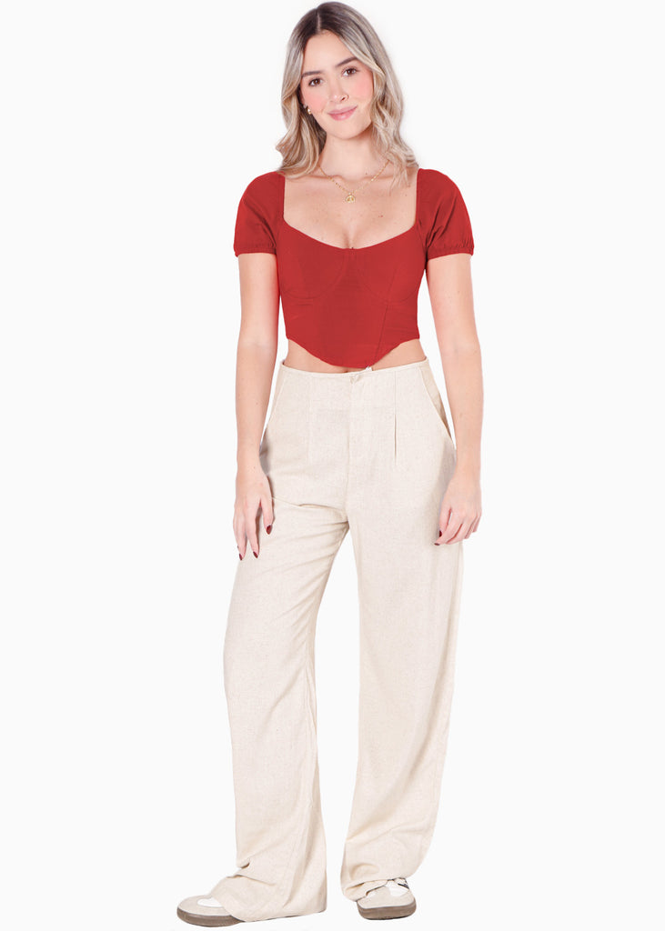 Blusa corta tipo corset manga corta color rojo para mujer - Flashy