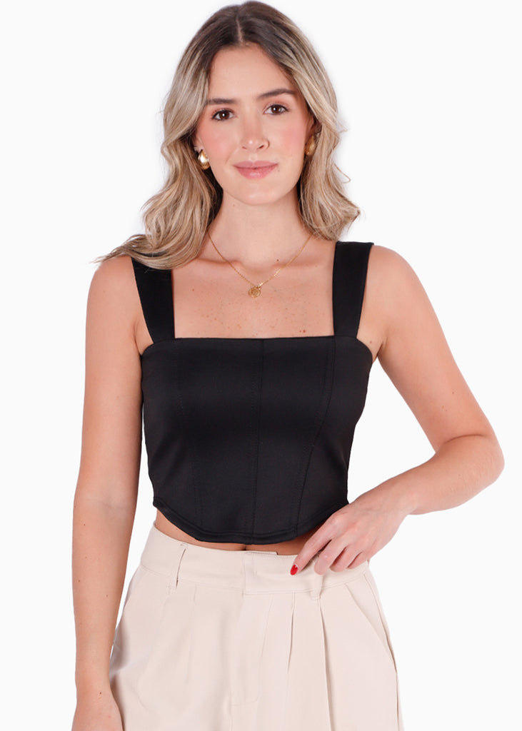 Blusa corta tipo corset sin mangas color negro para mujer - Flashy