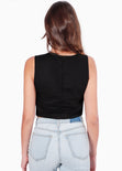Blusa corta tipo lino con bordado y sin mangas color negro para mujer - Flashy