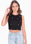 Blusa corta tipo lino con bordado y sin mangas color negro para mujer - Flashy