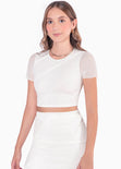 Blusa crop manga corta con malla en mangas color marfil para mujer - Flashy