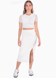 Blusa crop manga corta con malla en mangas color marfil para mujer - Flashy