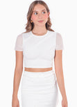 Blusa crop manga corta con malla en mangas color marfil para mujer - Flashy