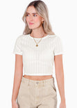 Blusa crop manga corta y tejida color beige para mujer - Flashy