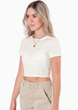 Blusa crop manga corta y tejida color beige para mujer - Flashy