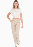 Blusa crop manga corta y tejida color beige para mujer - Flashy